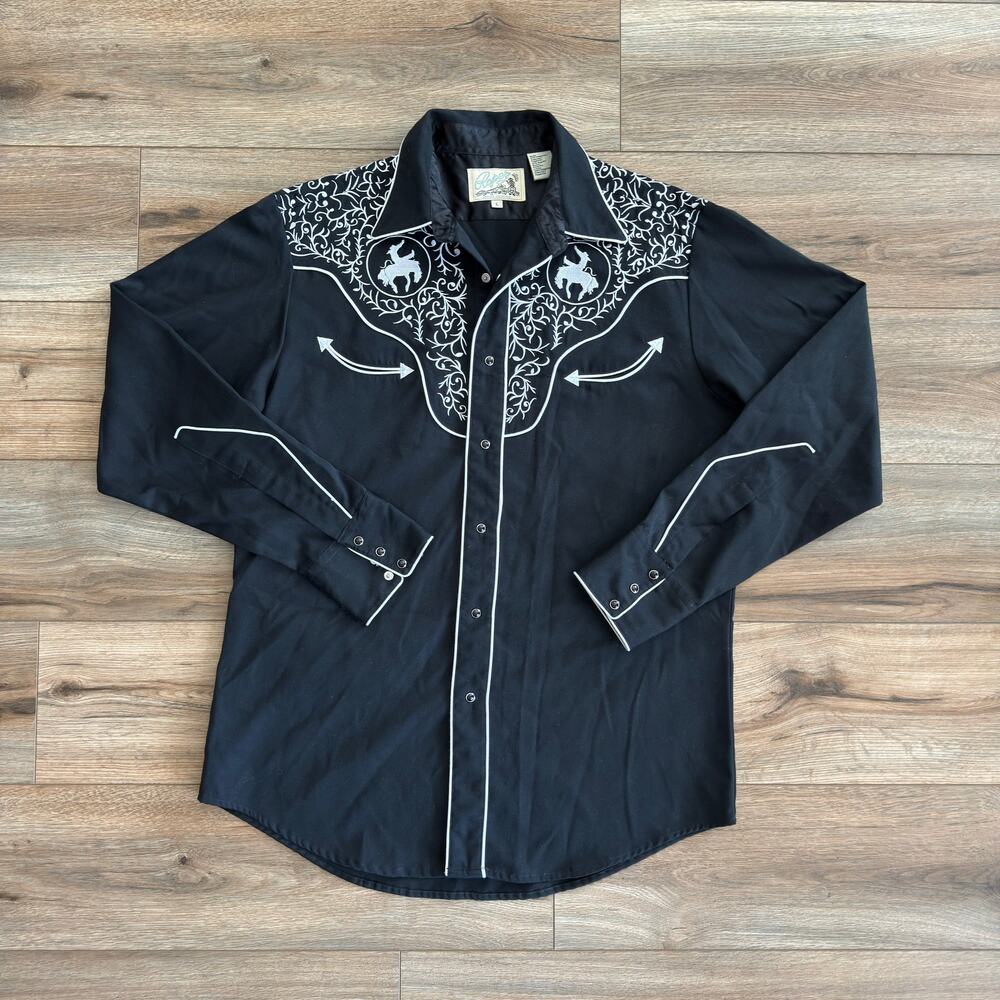 Vintage 1950s Roper Western Bucking Bronco Shirt Black Size L - Picture 2 of 10